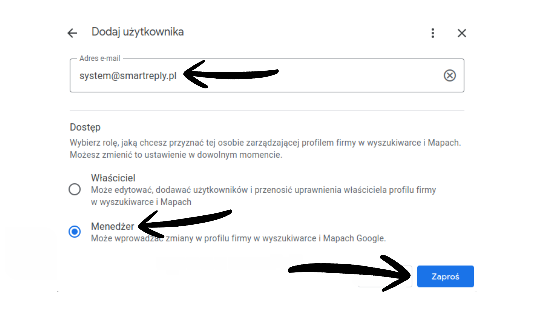 Wybór roli Menedżer i wpisanie adresu e-mail