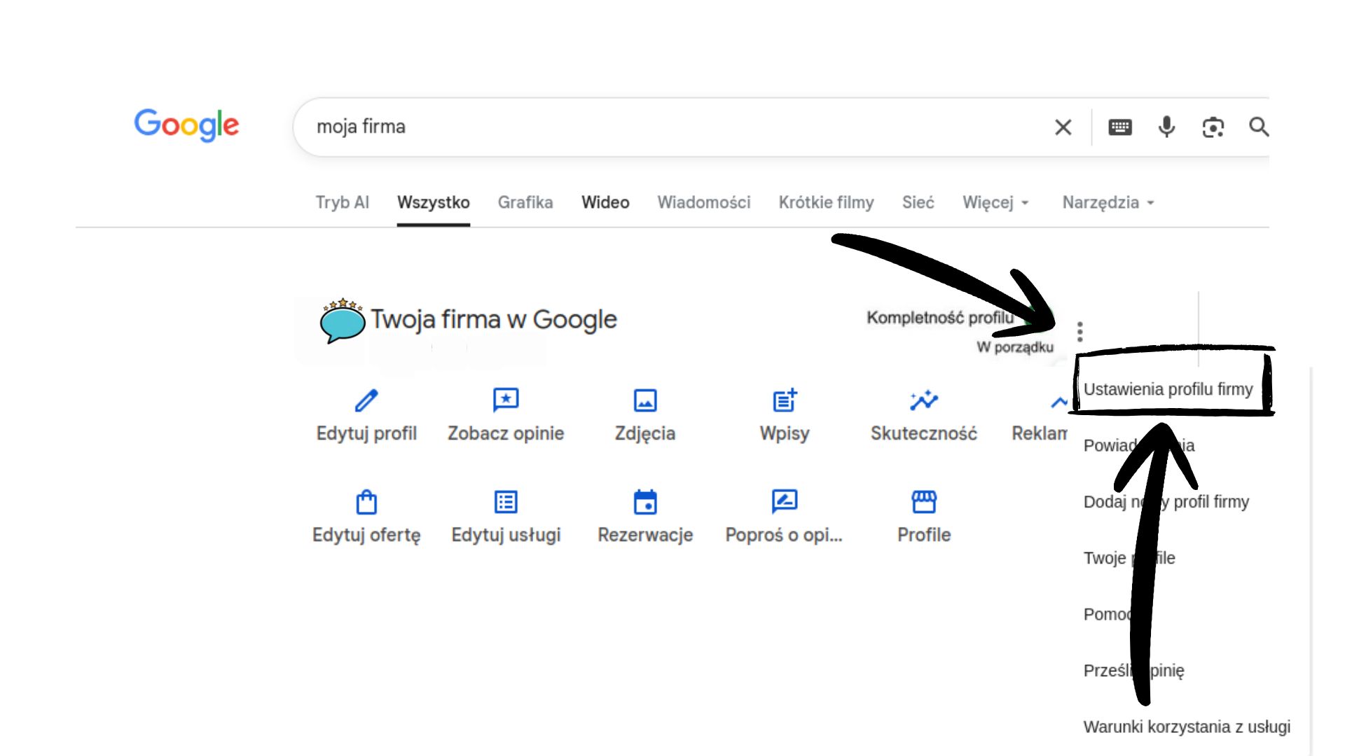 Ustawienia profilu firmy w Google
